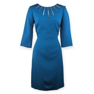 Adrianna Papell Teal Blue Sheath Dress Cut Outs Art Deco Wiggle Fitted 3/4 Slv 2
